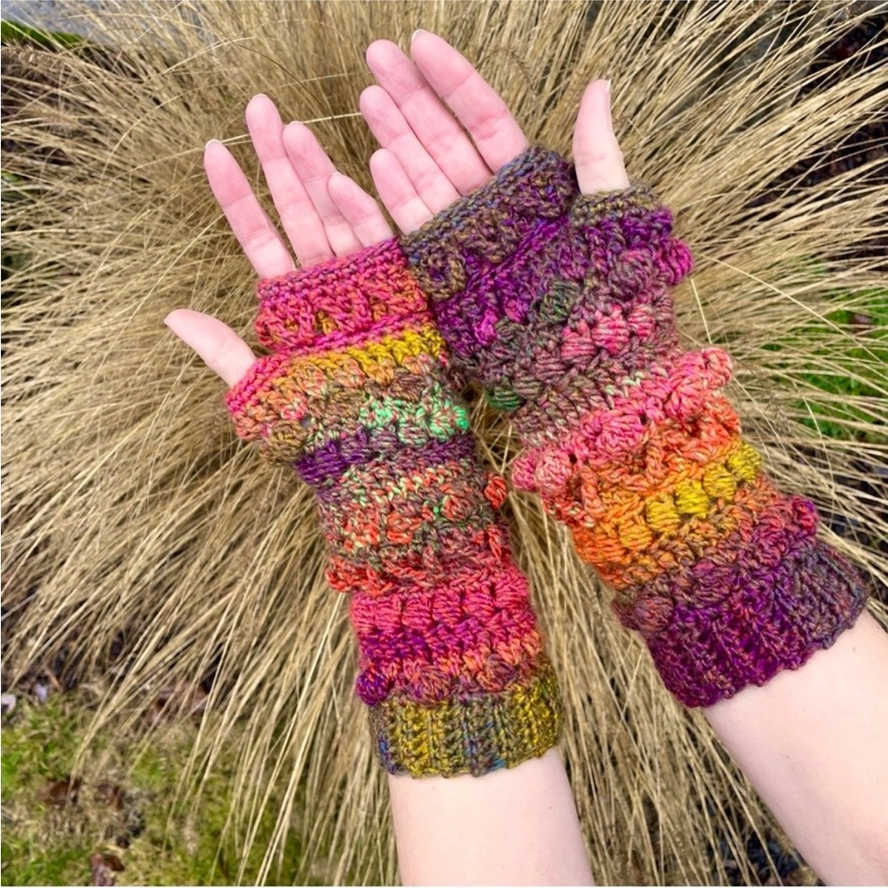 Handmade Crochet Fable Fingerless Gloves Blue Purple Green Yellow Orange OSFM